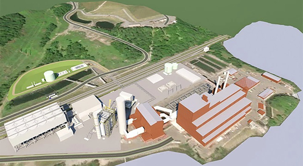A rendering of the proposed natural gas Danskammer Power Plant (in white) is pictured next to the old 1950s coal burning plant.